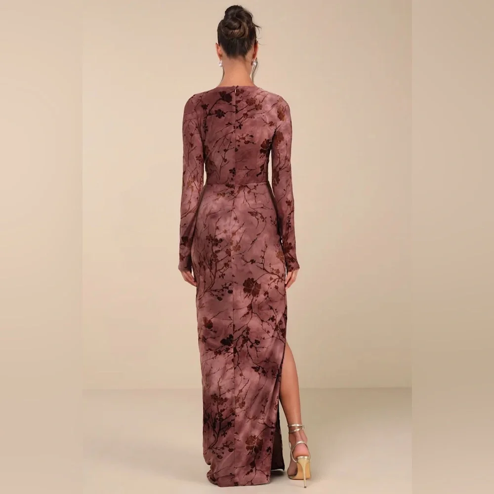 Lulu’s Dynamic Sensation Dark Mauve Floral Velvet Burnout Maxi Dress - Picture 2 of 9
